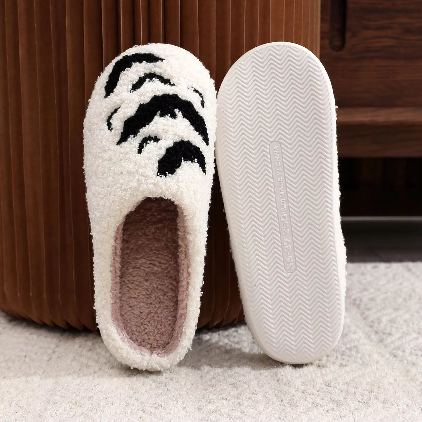 Bat Embroidered Stuffed Cotton Slippers – Thick-Soled, Cozy Furry Checkered Scuff Slippers