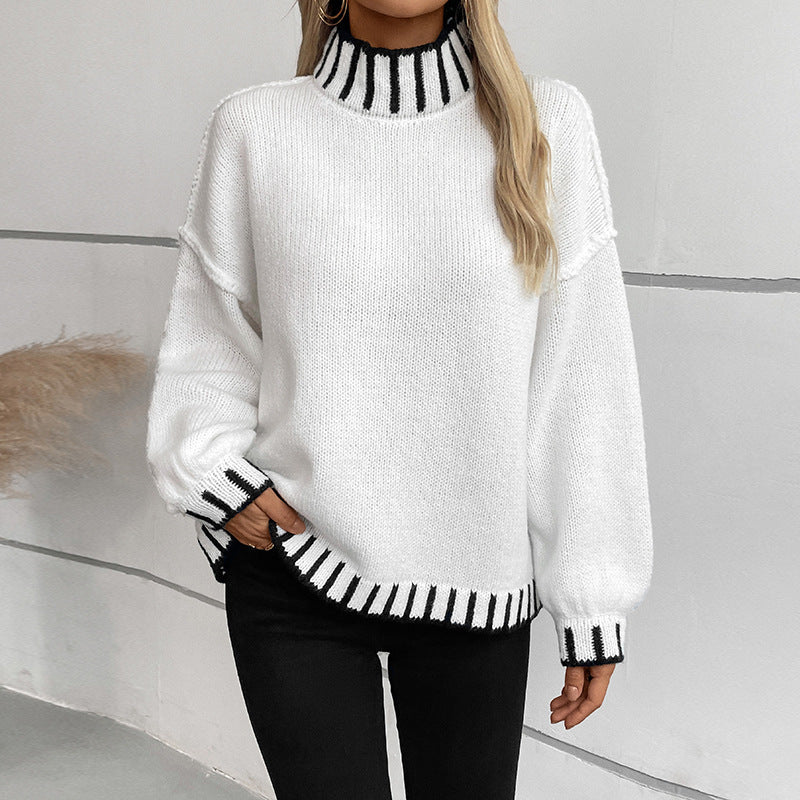 Loose-Fit Retro Color-Blocked Turtleneck Pullover Sweater