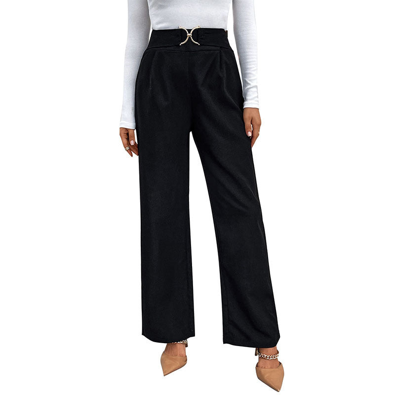 European and American Style Solid Color High-Waisted Straight Pants with Buckle