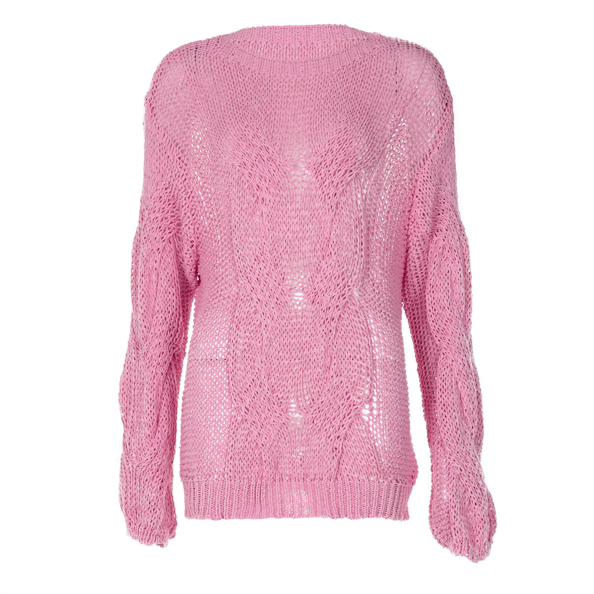 Solid Color Round Neck Cable-Knit Sweater for Women