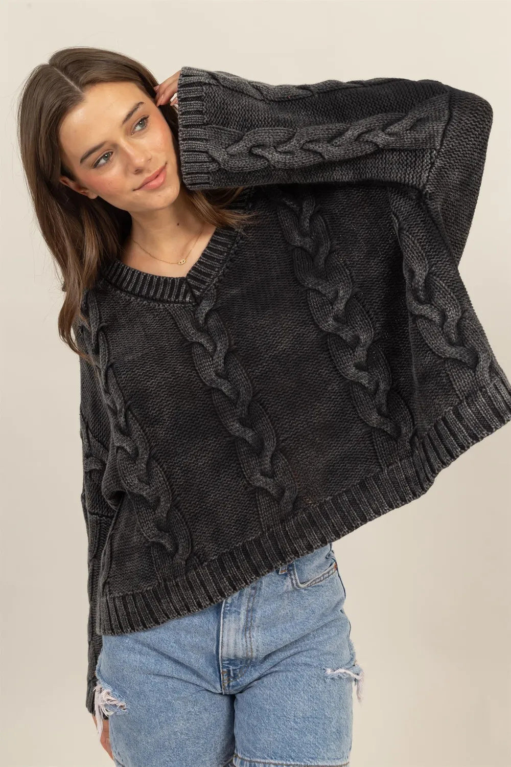 Cable Knit V-Neck Oversized Sweater with Dropped Shoulders