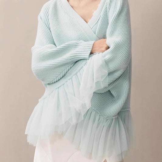 Ruffled Gauze Knit Sweater Cardigan with Long Sleeves