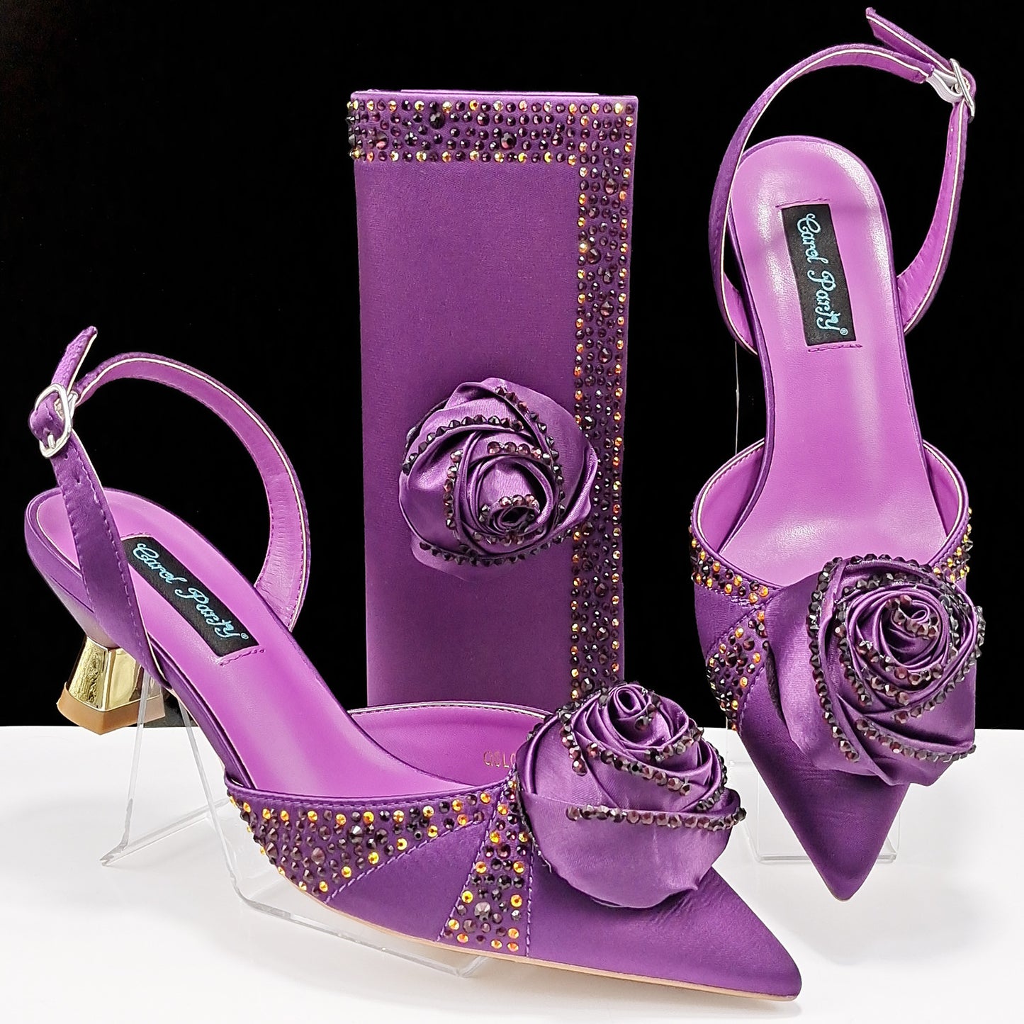 Women's Handmade Flower-Decorated Shoes and Bag Set – High-Temperature Rhinestone Satin High Heels