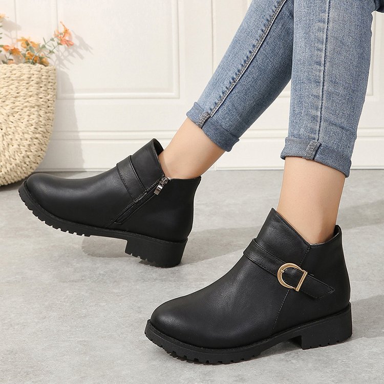 Short Leather Boots with Belt Buckle, Zipper, and Chunky Heel