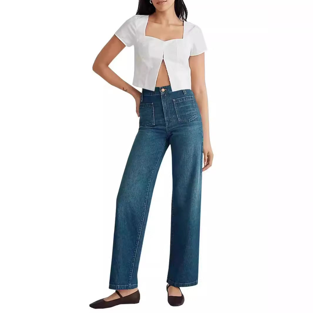 Washed Wide-leg Women's Jeans with Square Pockets