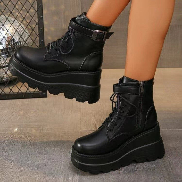 Cosplay Comic Show Boots – 95cm Height-Increasing Platform Wedge Black Slimming Martin Booties