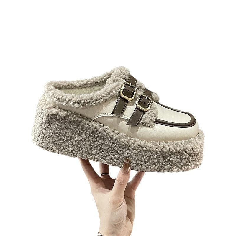 Fashionable Korean Style Belt Buckle Fleece-Lined Wedge Slippers for Outer Wear