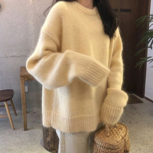 Women's Milky Yellow Mohair Pullover Sweater - Soft and Stylish