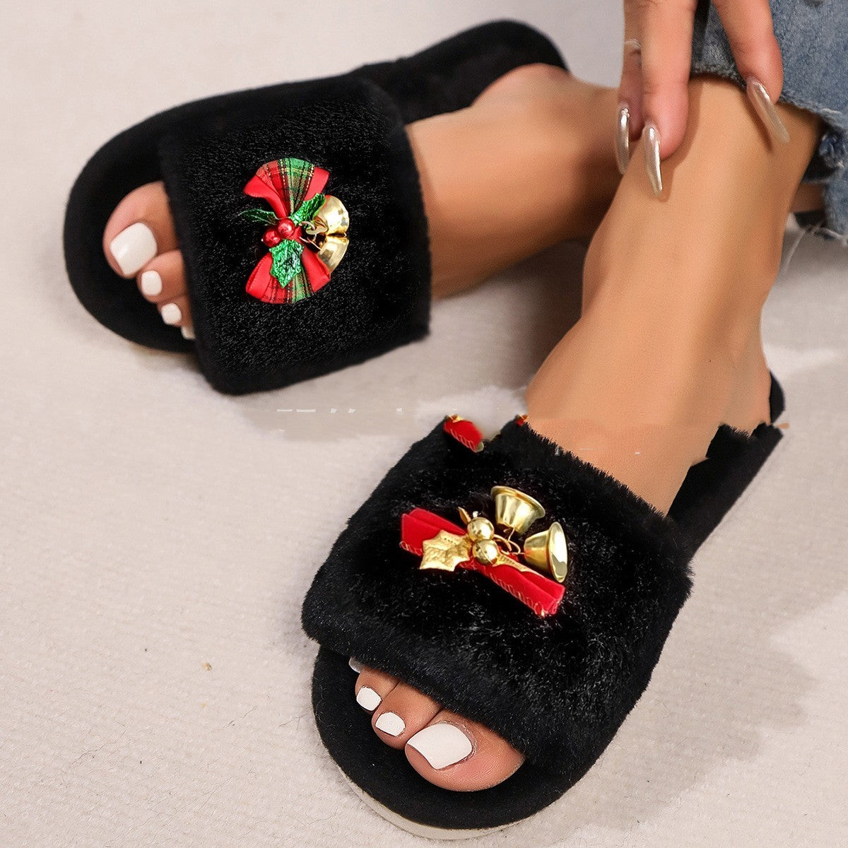 Autumn and Winter Open Toe Fluffy Home Slippers