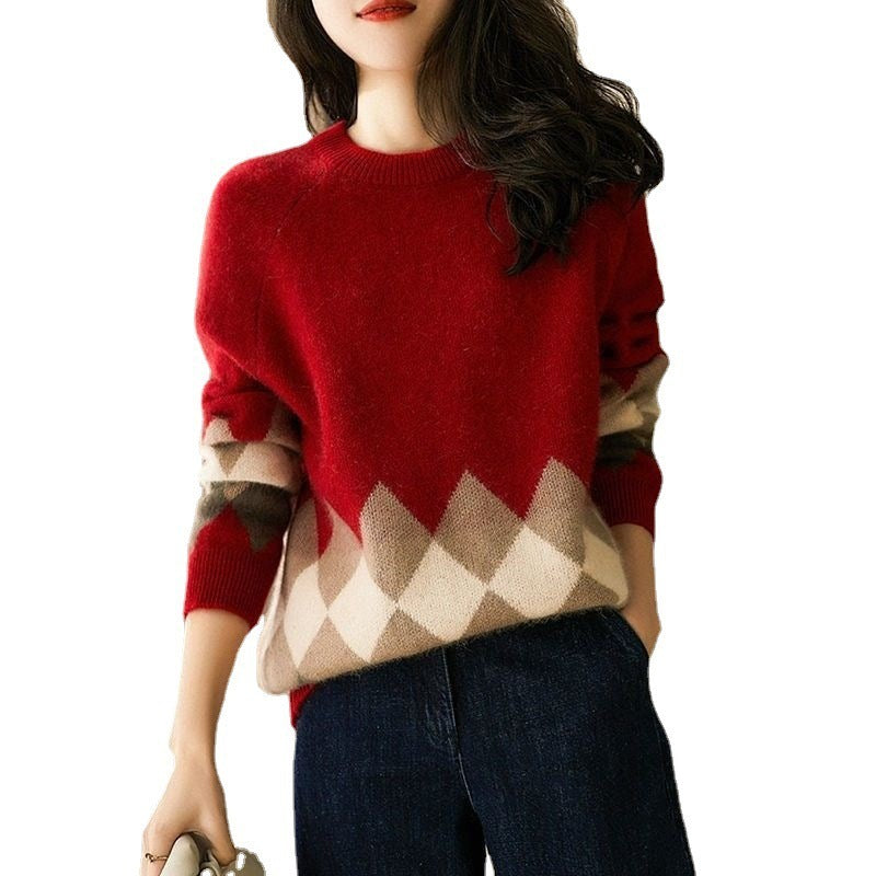 Women's Christmas Red Round-Neck Loose Knit Sweater