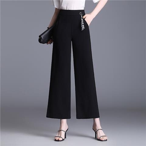 High-Waist Loose-Fit Slimming Black Cropped Chiffon Drape Pants