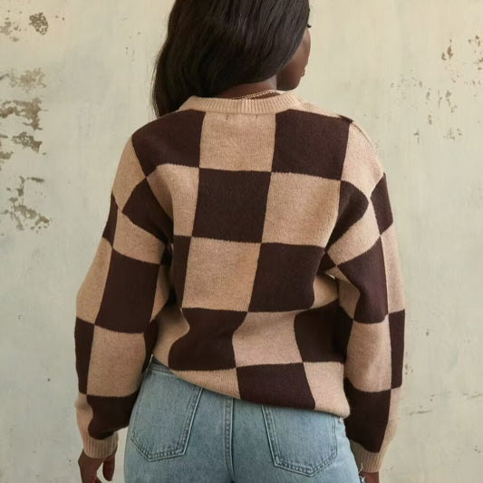 Women's Checkerboard Round Neck Loose Sweater Top