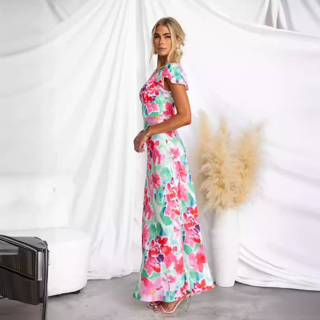 Flower Print V-Neck Ruffle Mid-Length Dress