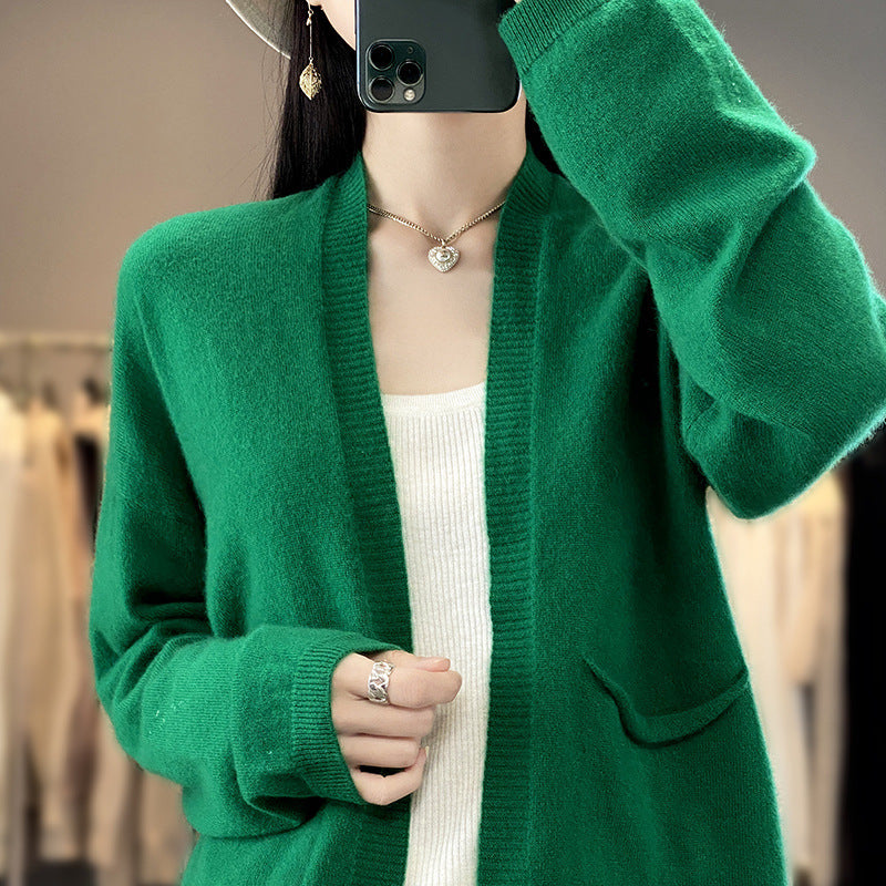 Solid Color V-Neck Cardigan – Thin, Loose-Fit, Slimming, All-Matching Coat with Pockets