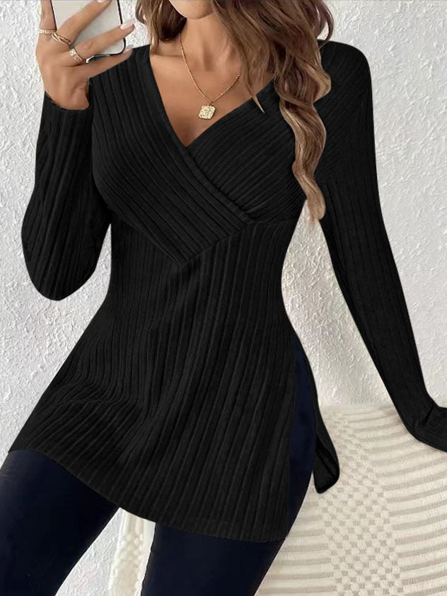 Long Sleeve Solid Color V-Neck Leisure Pajamas with Sunken Stripe Top Design