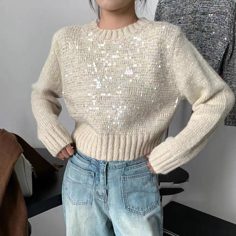 Korean Style O-Neck Sequined Short Pullover Sweater