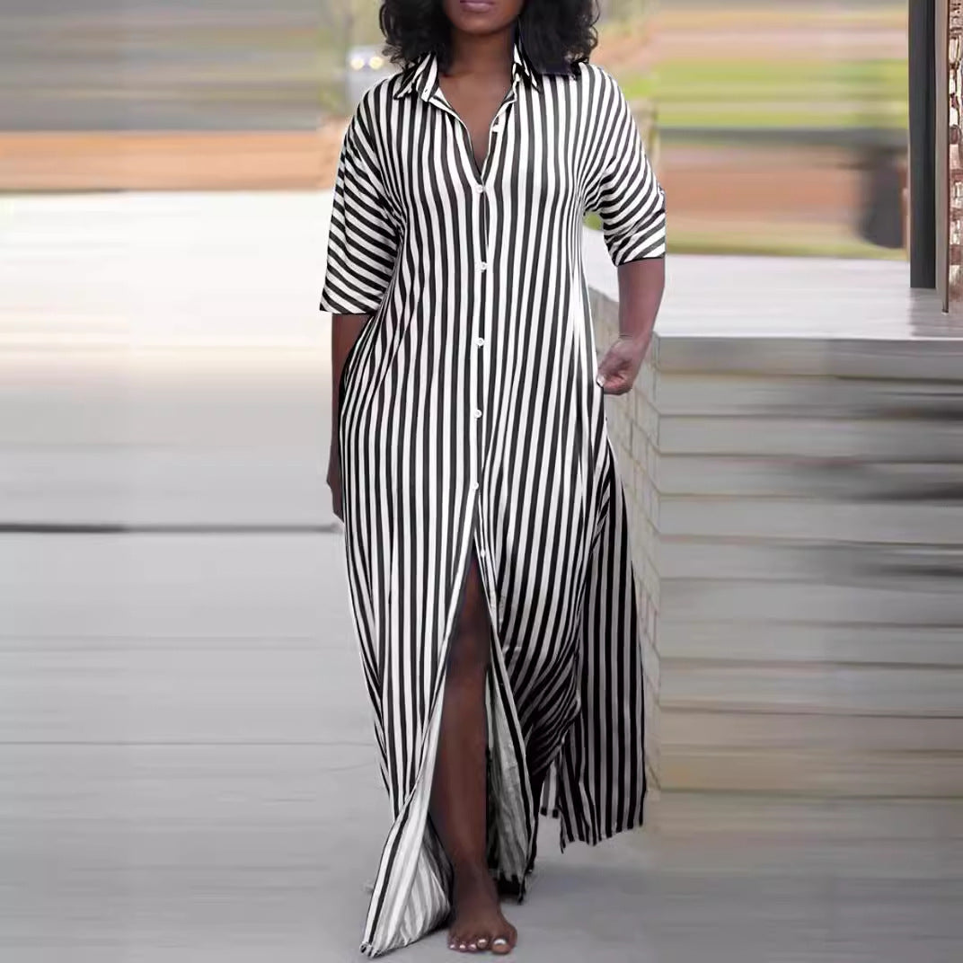 Women's Loose V-Neck Long Striped Shirt Dress