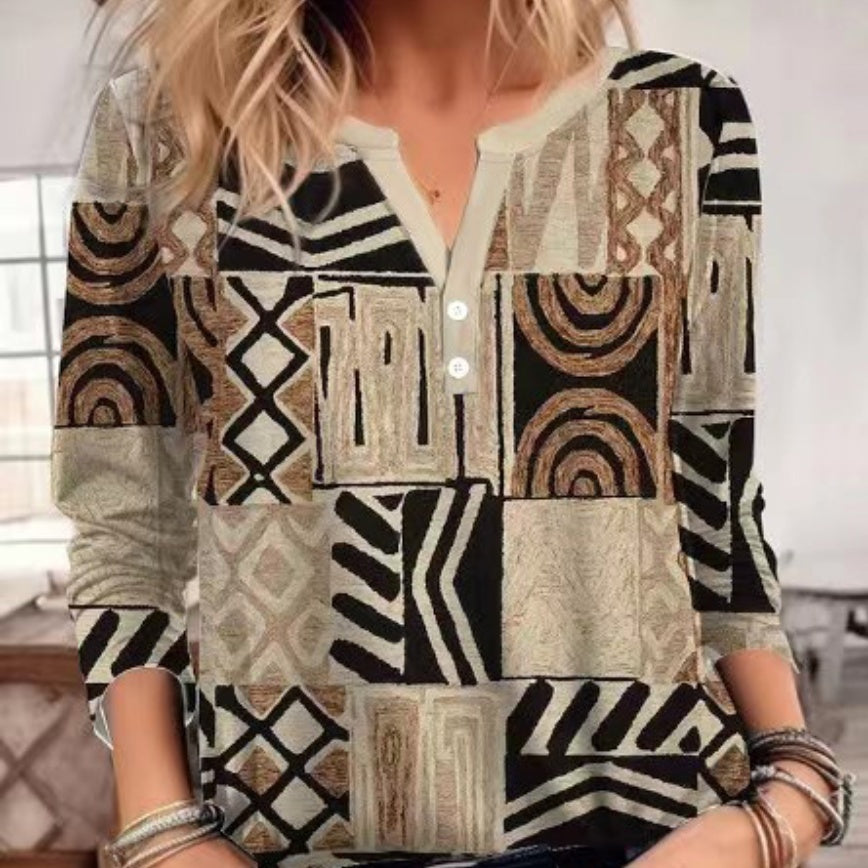 Women's V-Neck Shirt with Geometric Pattern – Casual Long Sleeve Design