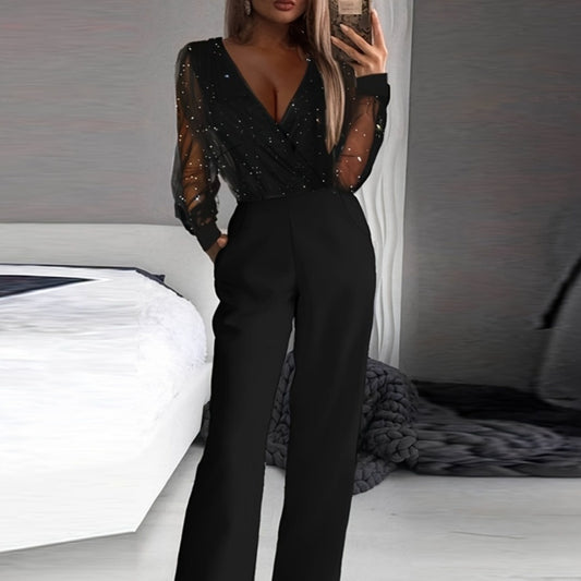 Fashionable Slim-Fit Solid Color V-Neck Jumpsuit with Mesh Stitching and High Waist Pockets