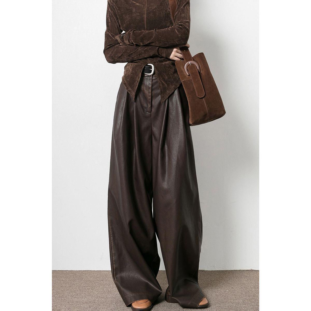 Vintage Brown Pleated PU Leather Pants for Women