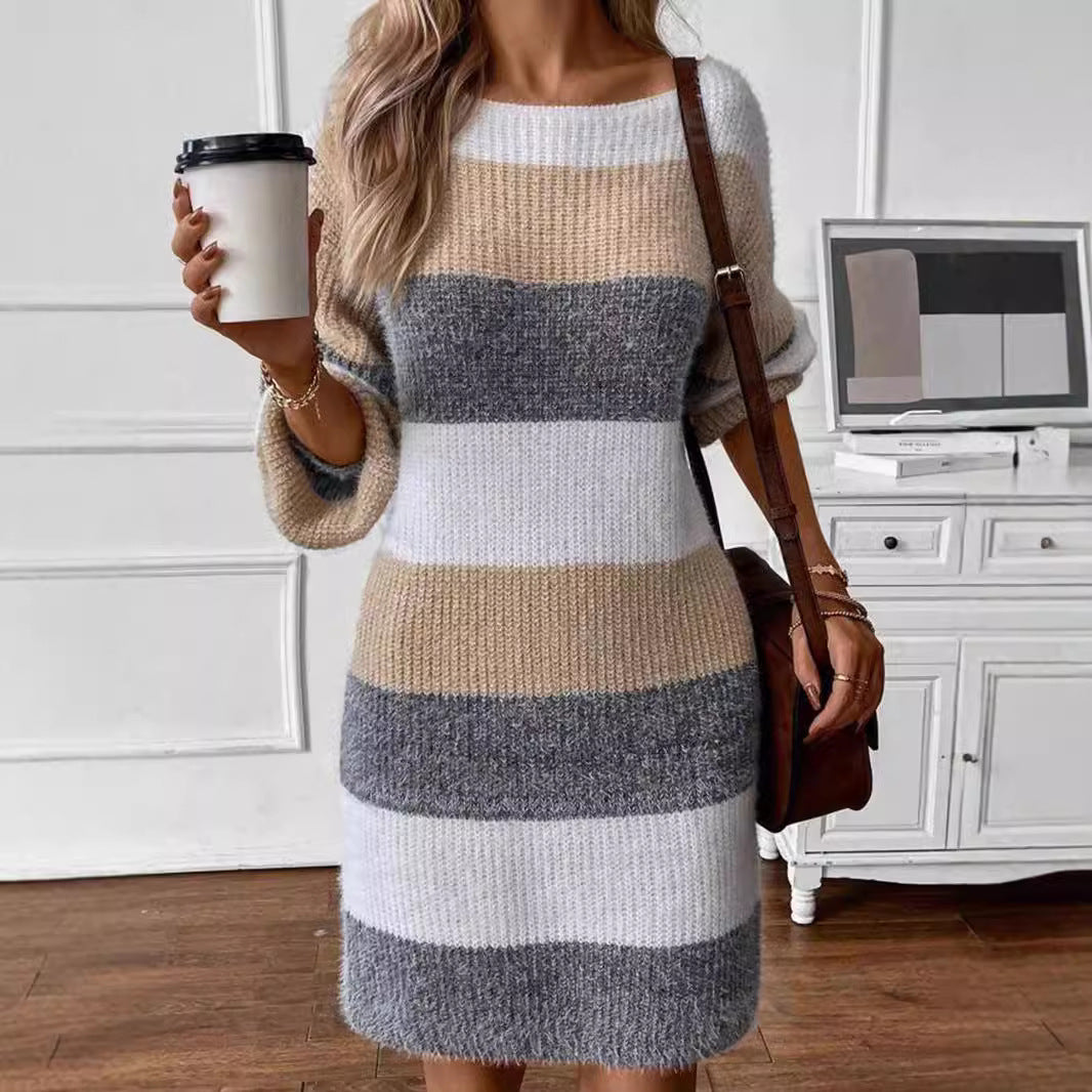 Women's Versatile Contrast Color Striped Sweater Dress