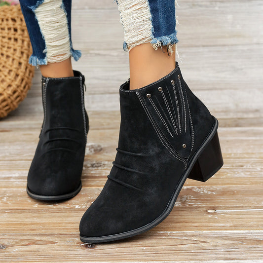 Side Zipper Chunky Heel High Heel Short Boots for Women