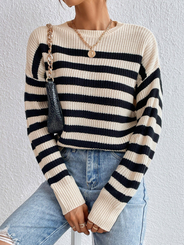 Women's Classic Striped Knit Top with Inner Layer Design