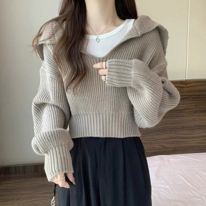 Sailor Collar Thick Loose-Fit Short Sweater for Women