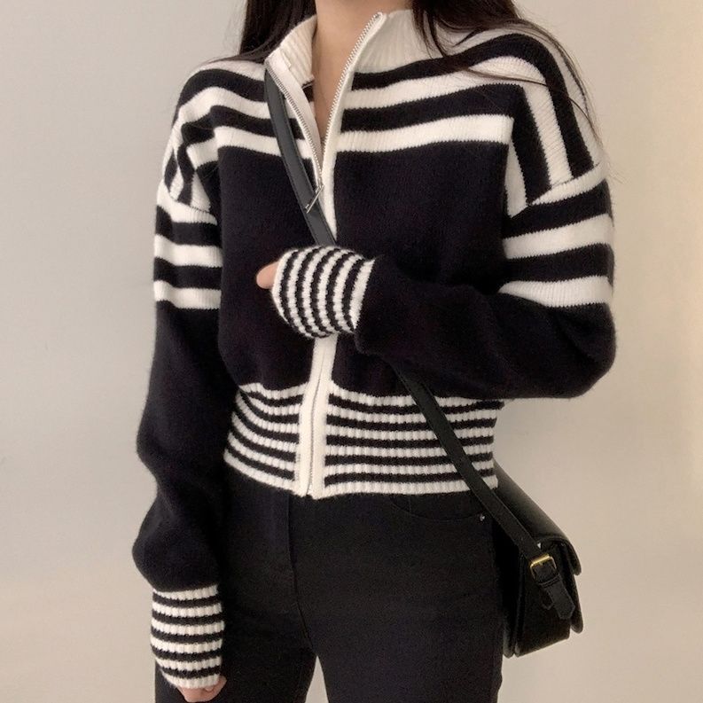 Short Striped Sweater Coat – Long Sleeve Casual Style