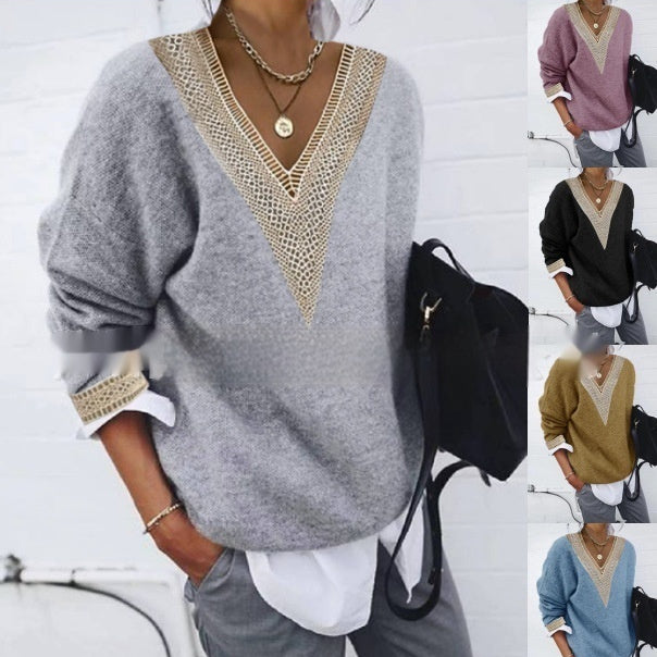 Long Sleeve Solid Color Knitted Sweater with Lace Collar