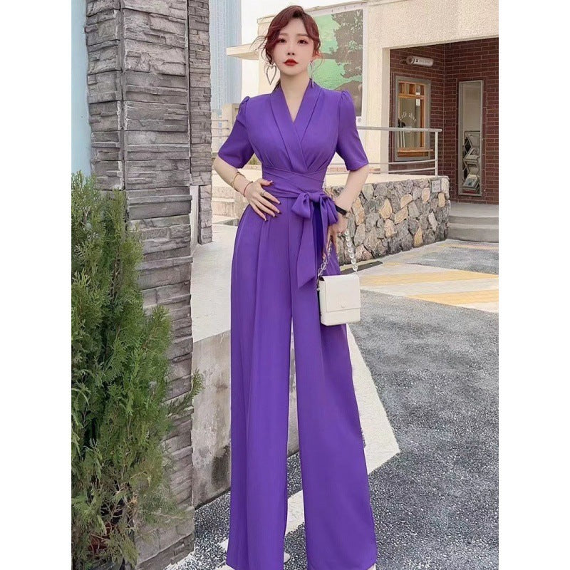 Elegant High-Waist Lace-Up Wide-Leg Jumpsuit, Slimming and Chic in Solid Color