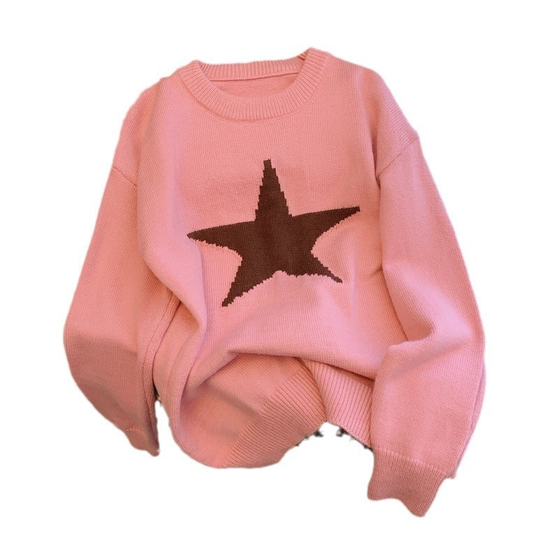 Idle Style Crew Neck Pullover Sweater with Five-Pointed Star Design