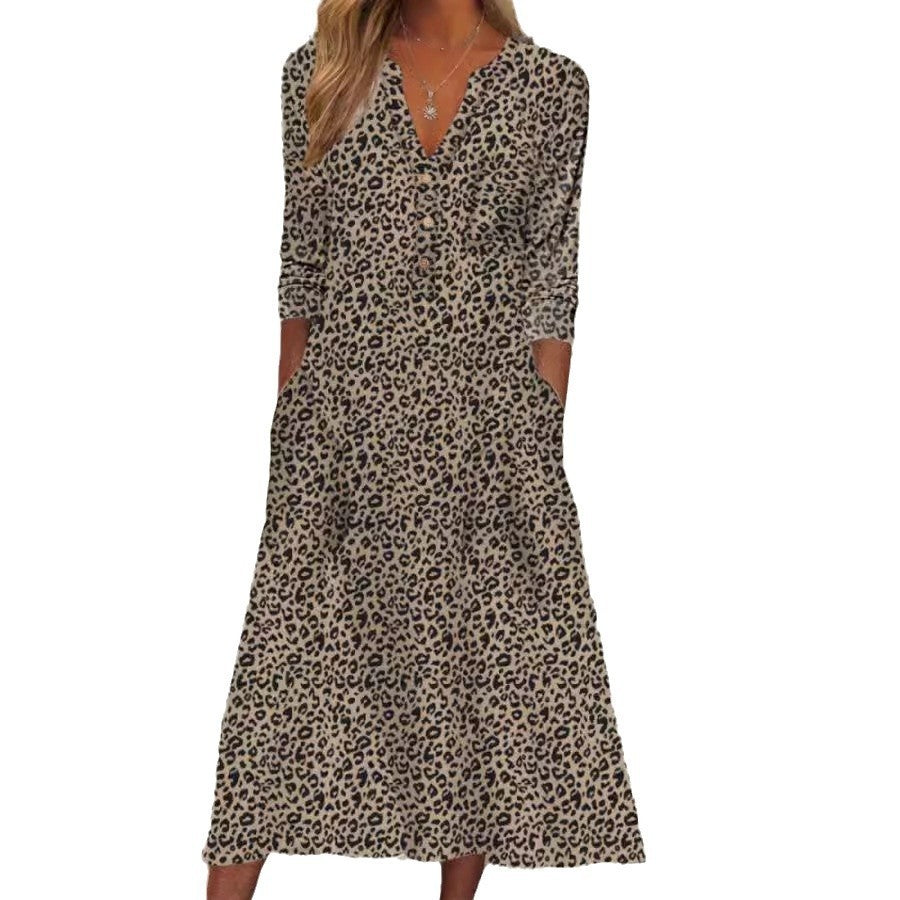 Fashionable V-Neck Leopard Print Dress with Pocket and Button Details, Long Sleeve