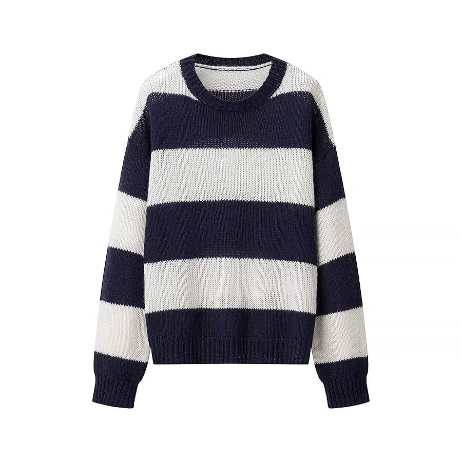 Women's Round Neck Long-Sleeve Striped Sweater Top