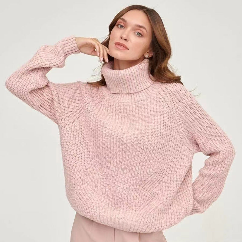 High Neck Thickened Turtleneck Sweater - Solid Color Casual Mid-Length for Autumn & Winter