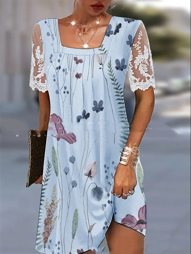 Square Collar Lace Casual Floral Print Loose Dress