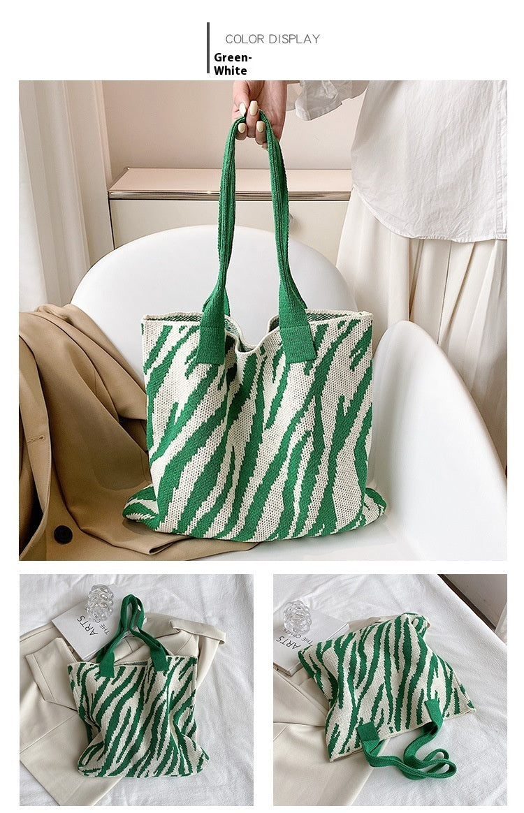 Tote New Large Capacity Single Shoulder Zebra Pattern Knitted Bag Women