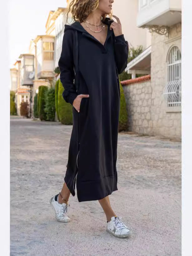 Oversized Loose Knit Hooded Dress, Fleece-Lined Casual Fashion