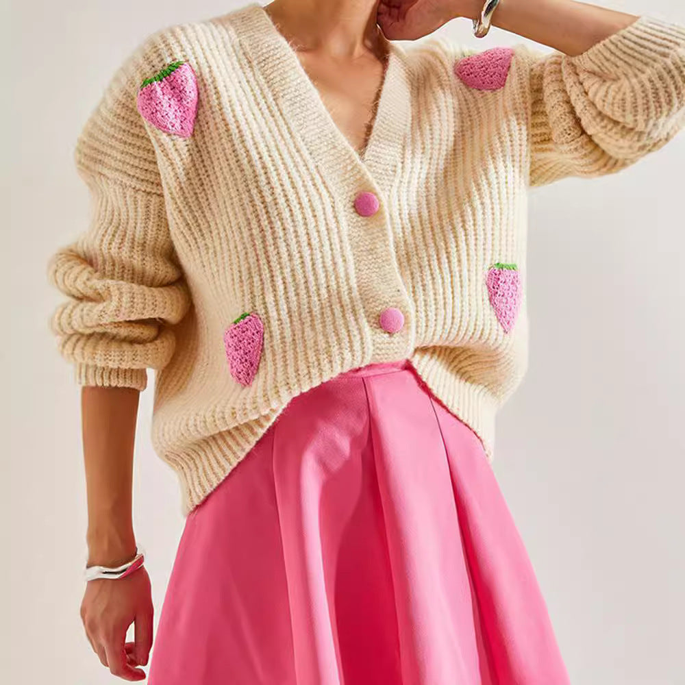 Sweet V-Neck Beige Cardigan Sweater with Decorative Details