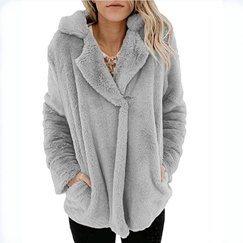 Women's New Cardigan with Suit Collar – Long Sleeve Plush Top