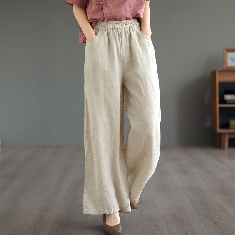 Thin High-Waist Loose-Fit Artistic Retro Cotton-Linen Straight-Leg Pants