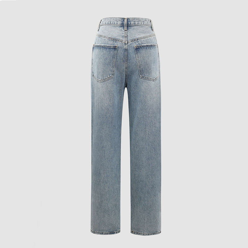 Waist-High Straight Irregular Oblique Buttoned Denim Trousers