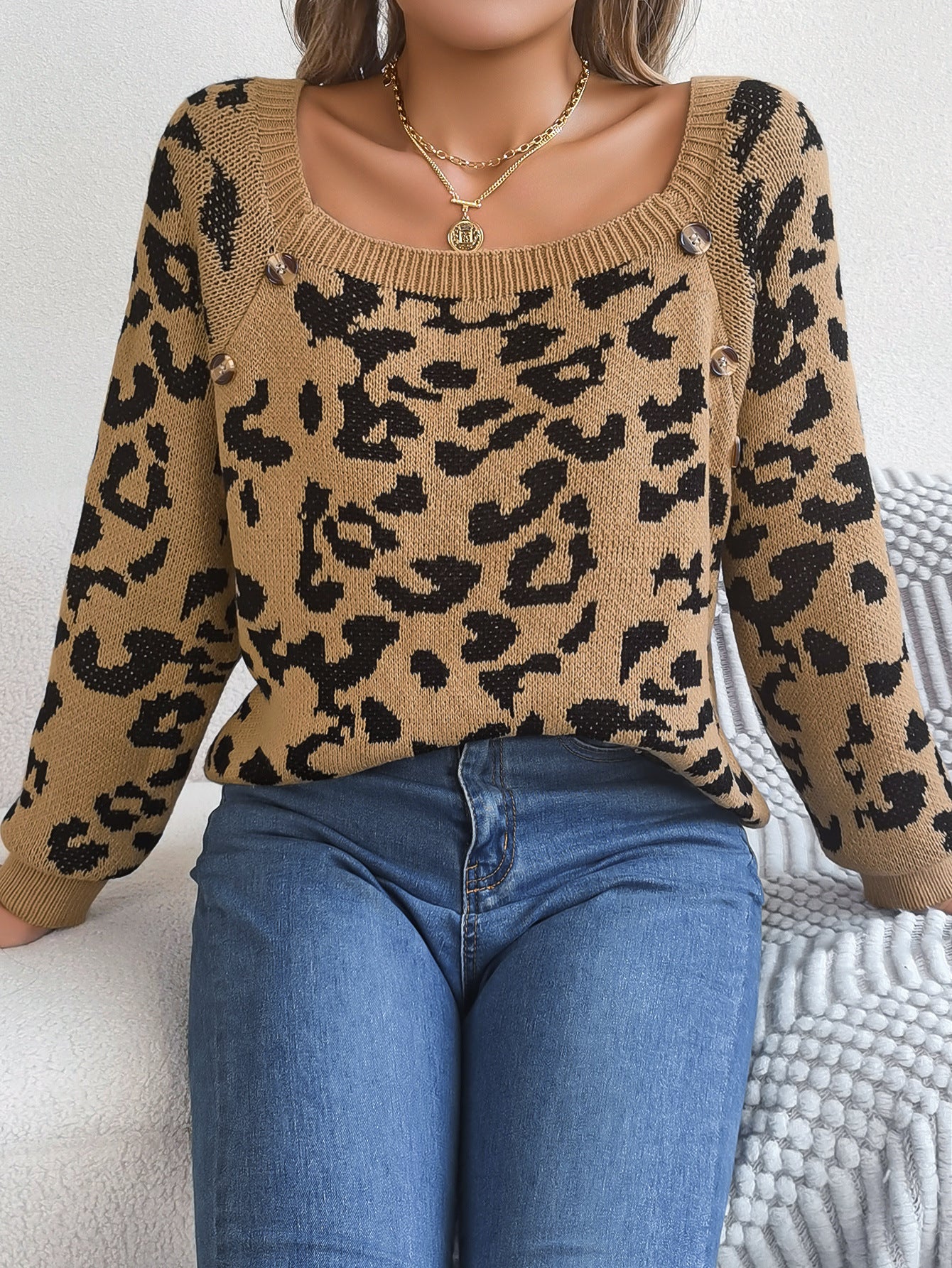 Casual Square Collar Button Contrast Color Leopard Print Long Sleeve Sweater