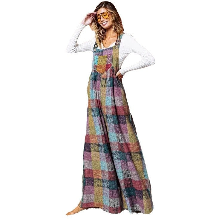 Women's Multi-Color Plush Plaid Wide-Leg Overalls – Cozy and Stylish