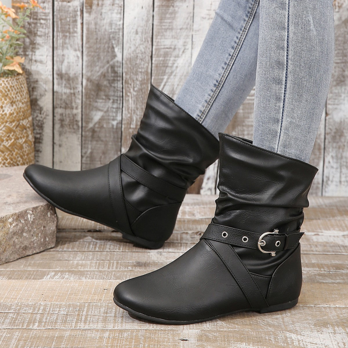 European and American Round Toe Pleated Ankle Boots with Flat Belt Buckle