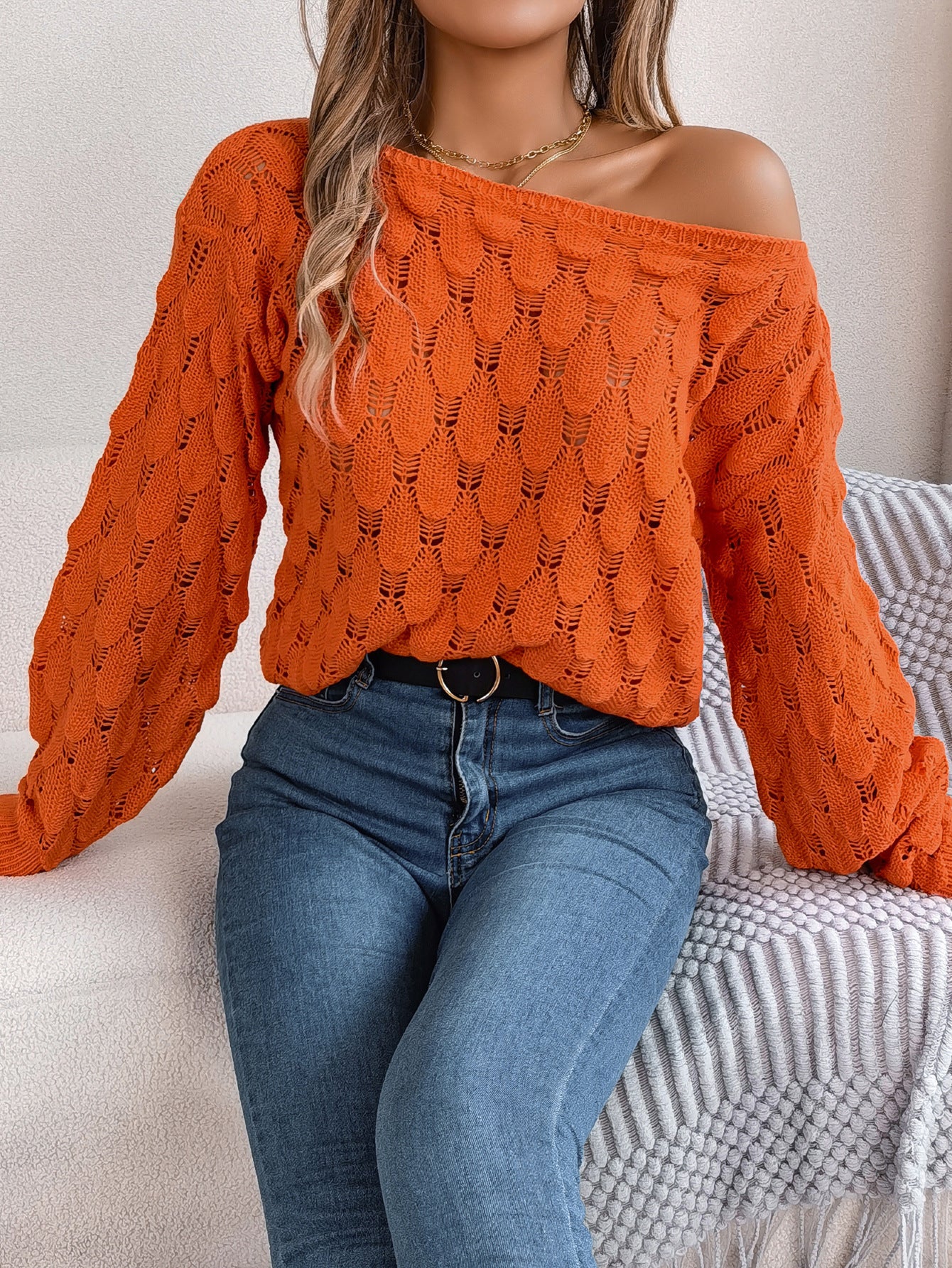 Hollow-Out Off-Shoulder Sweater with Off-Neck and Lantern Sleeves