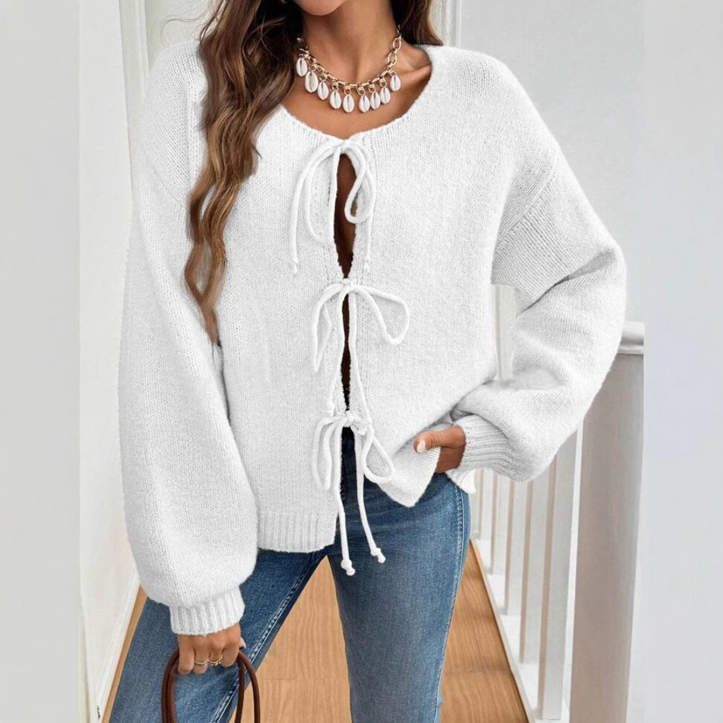 Women's Casual Loose Lace-Up Cardigan – Solid Color Sweater