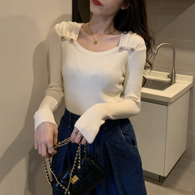 Women's Square Collar Long Sleeve Knitted Top