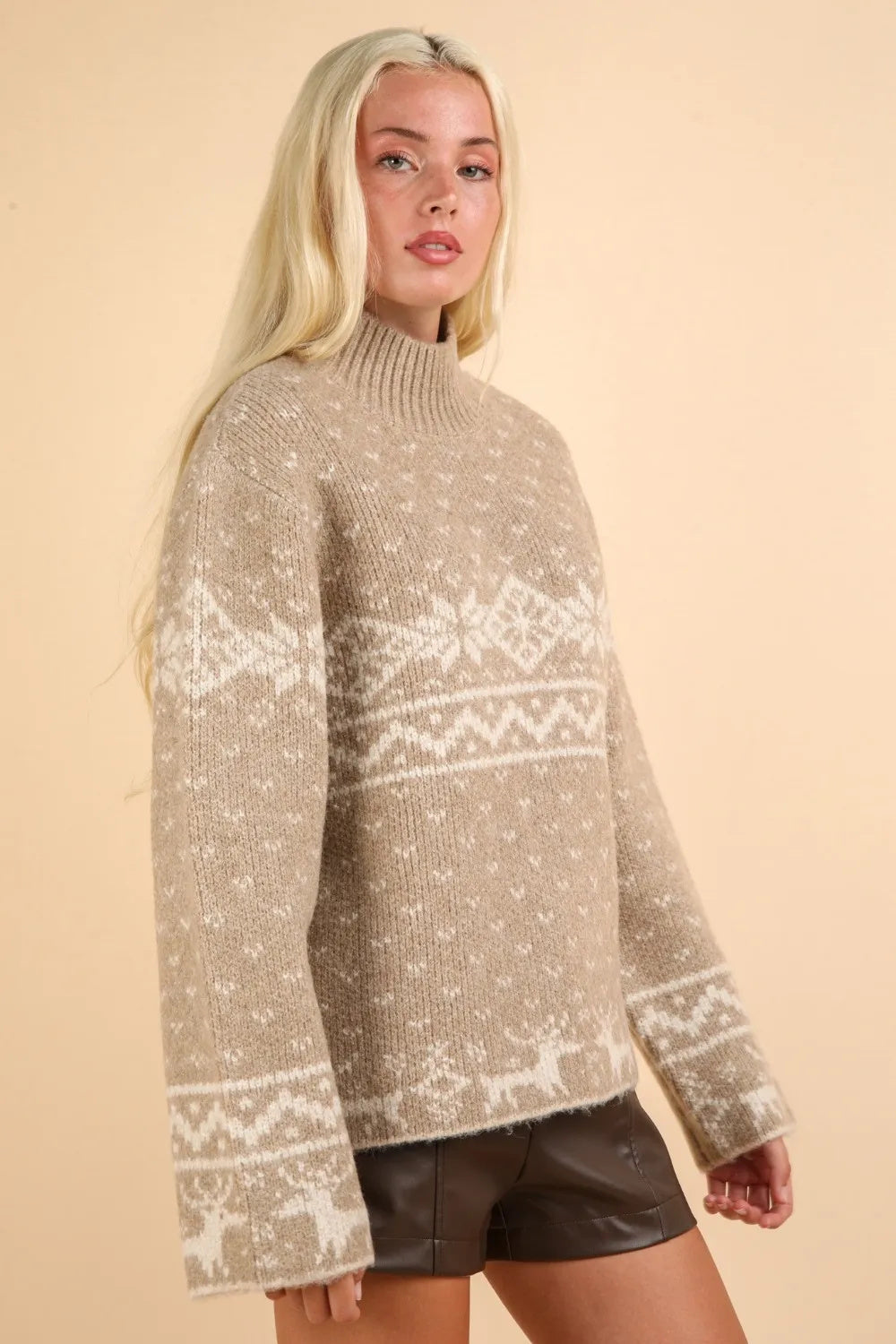 Christmas-Themed Mock Neck Long Sleeve Sweater