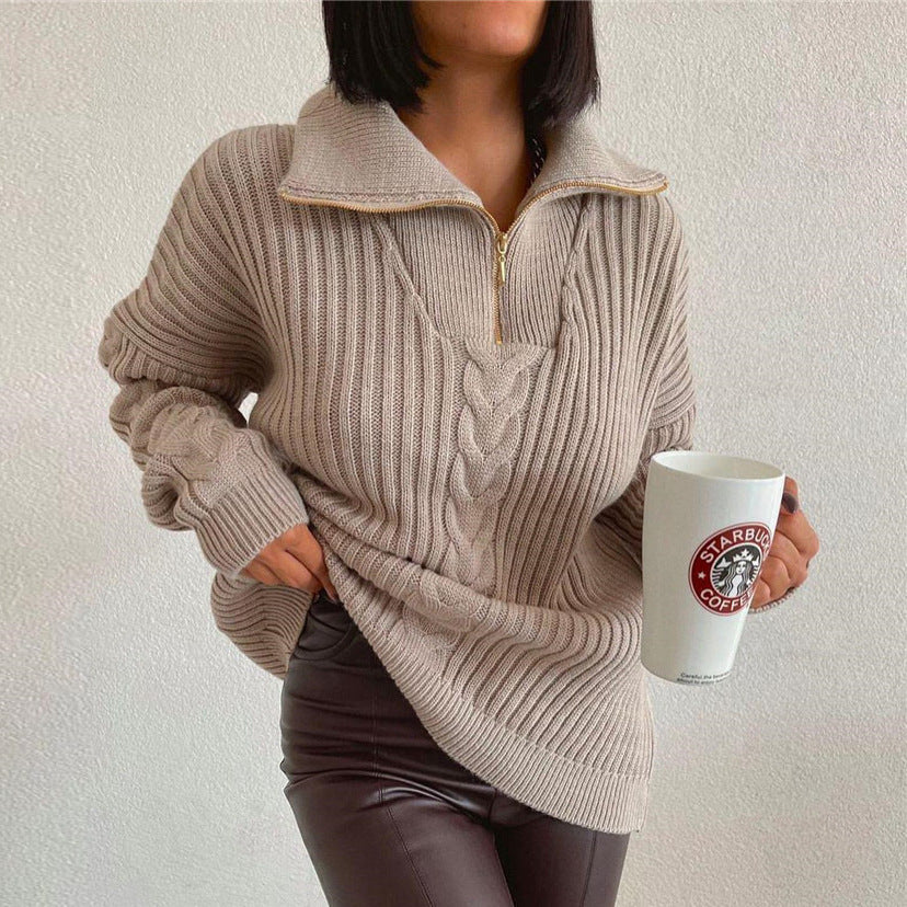 Autumn and Winter Solid Color Knitted Zip-Up Pullover